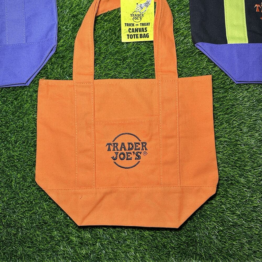 Trader Joe's Mini Canvas Reusable Tote Bag Orange/Black Logo Halloween